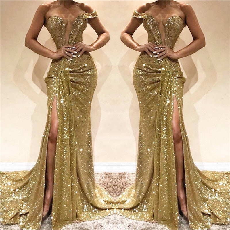 Gold Off-the-Shoulder Prom Dress Sequins Long Slit