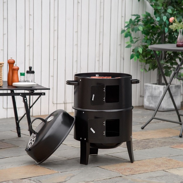 Round Charcoal Barbecue Grill With 2 Cooking Area Black