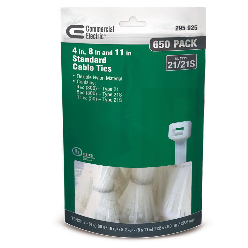 Commercial Electric Assorted Cable Tie Canister Natural (650-Pack) 4in+8in+11in natural(650)