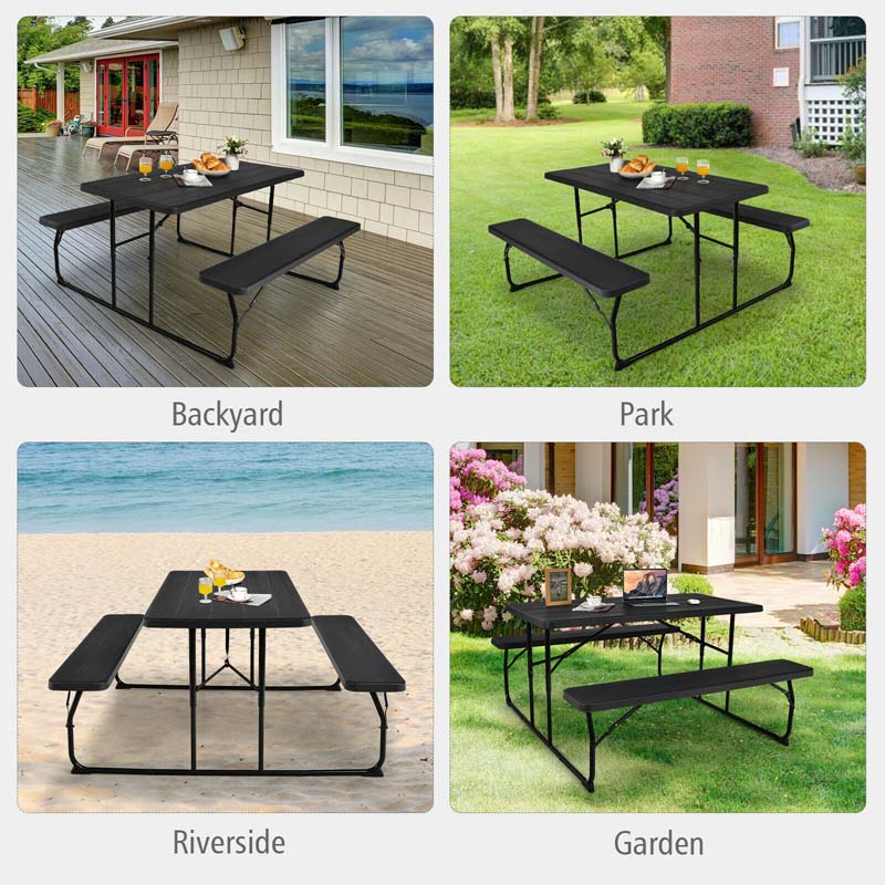 4-Person Folding Picnic Table Bench Set with Wood-like Texture & Metal Frame, Portable Outdoor Camping Dining Table Set