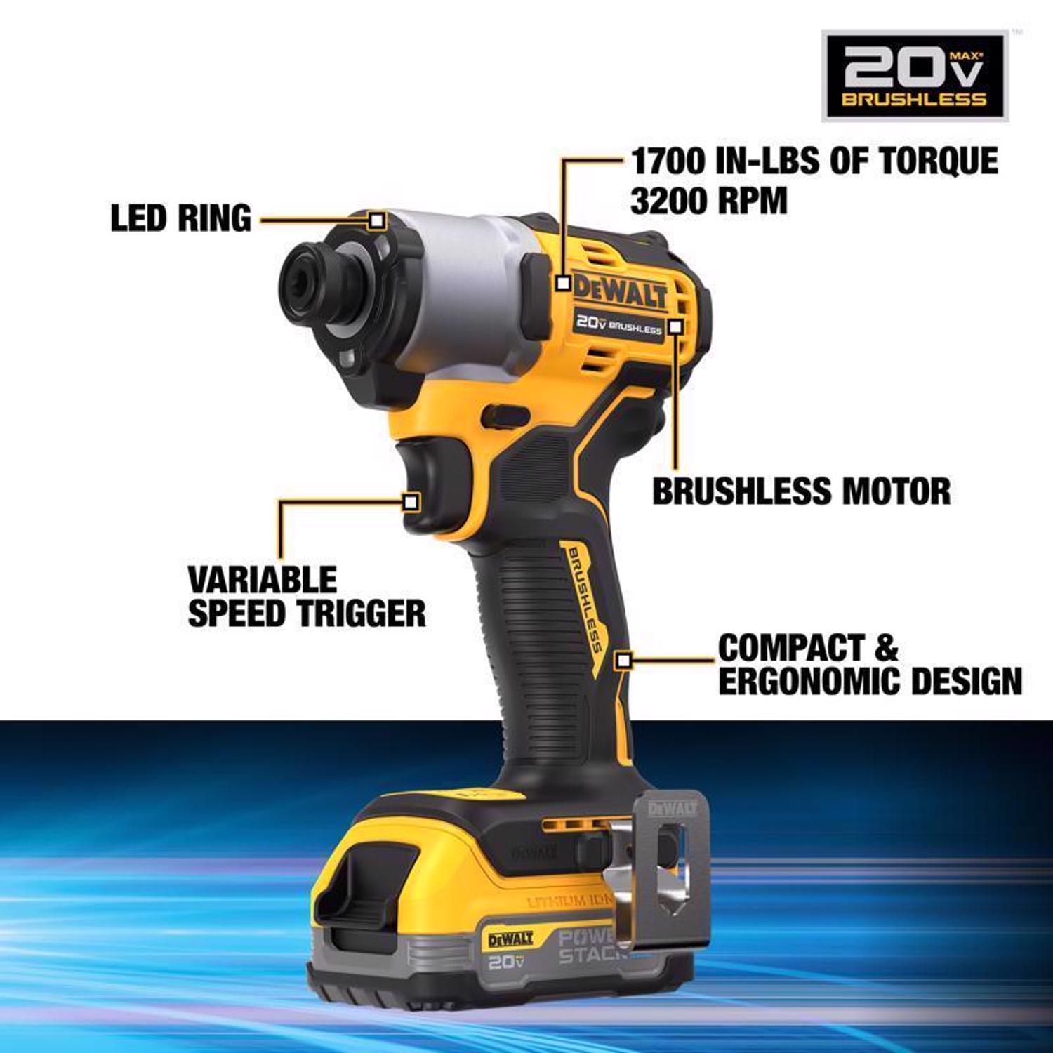 DW 20V MAX with POWERSTACK 1/4 in. Cordless Brushless Impact Driver Kit (Battery \u0026 Charger)