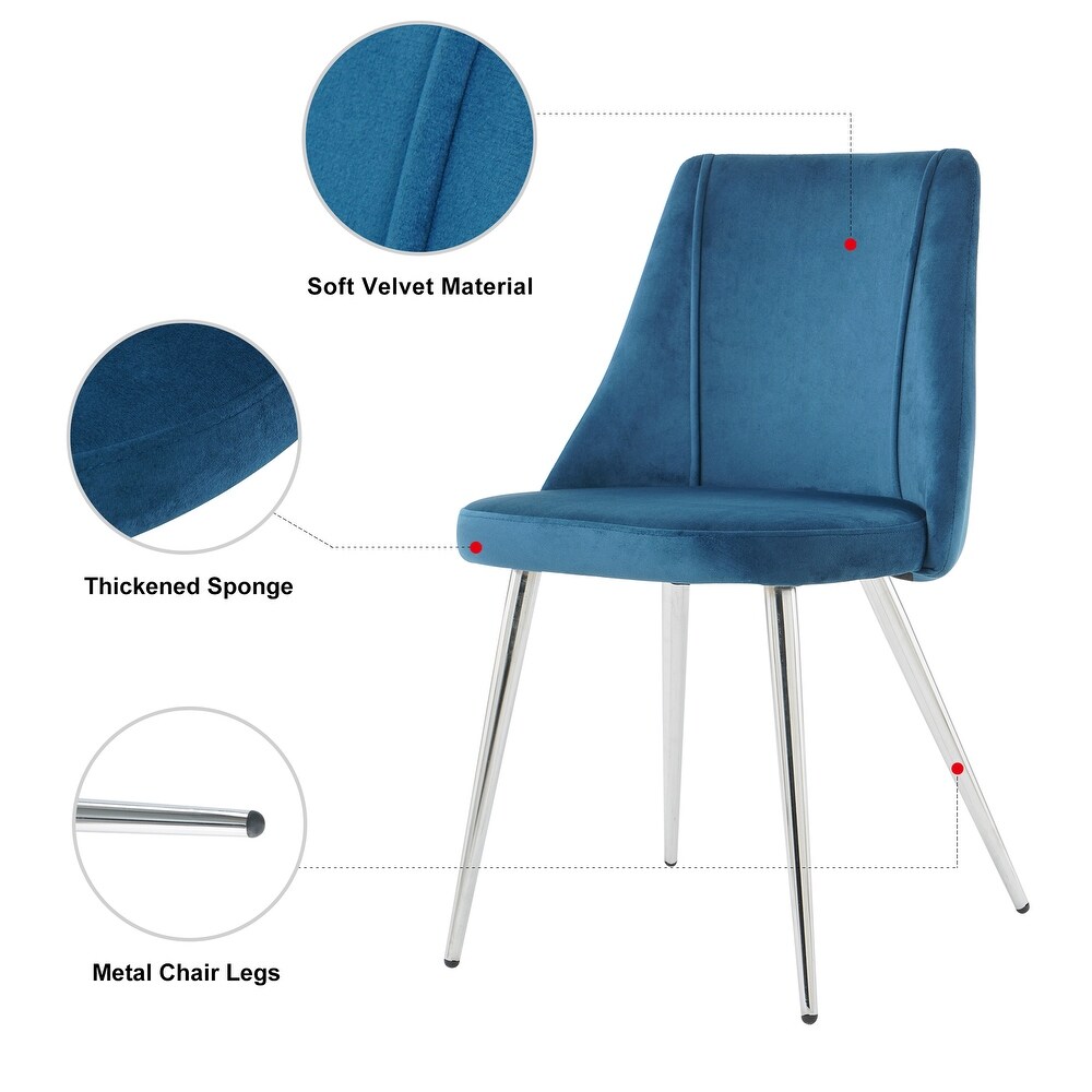 Modern simple velvet blue dining chair home bedroom stool back dressing chair student desk chair chrome metal legs(set of 4)