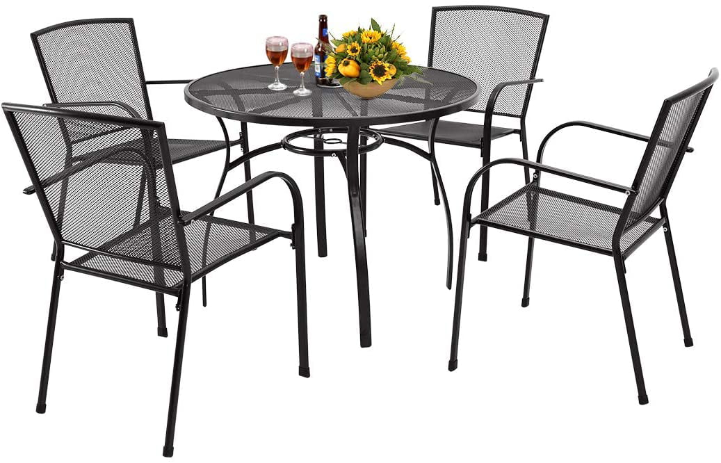 YODOLLA 5-Piece Patio Metal Dining Set， Outdoor Metal Dining Table Set with Round Table 1.73” Umbrella Hole and 4 Stackable Arm Chairs， Patio Dining Bistro Set for Garden，Bistro，Deck，Dark Gray