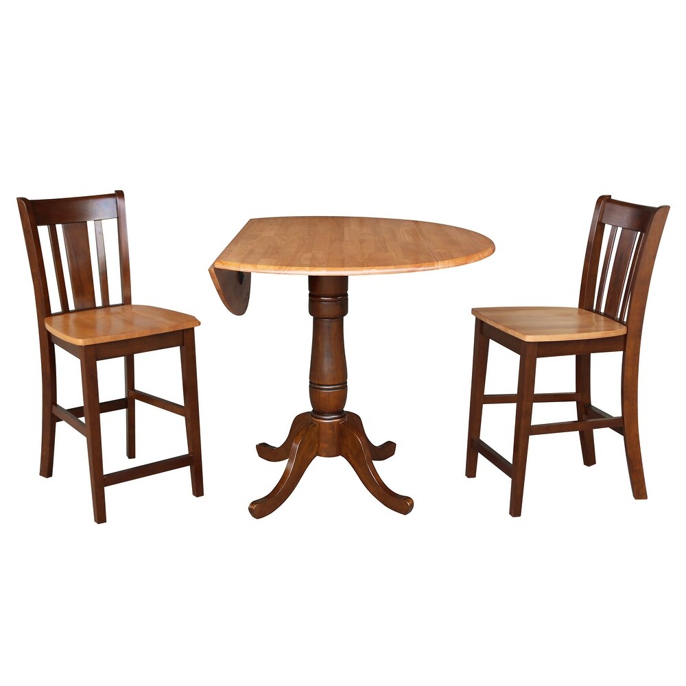 42 in. Round Dual Drop Leaf Counter Height Dining Table with 2 Splatback Stools   3 Piece Set