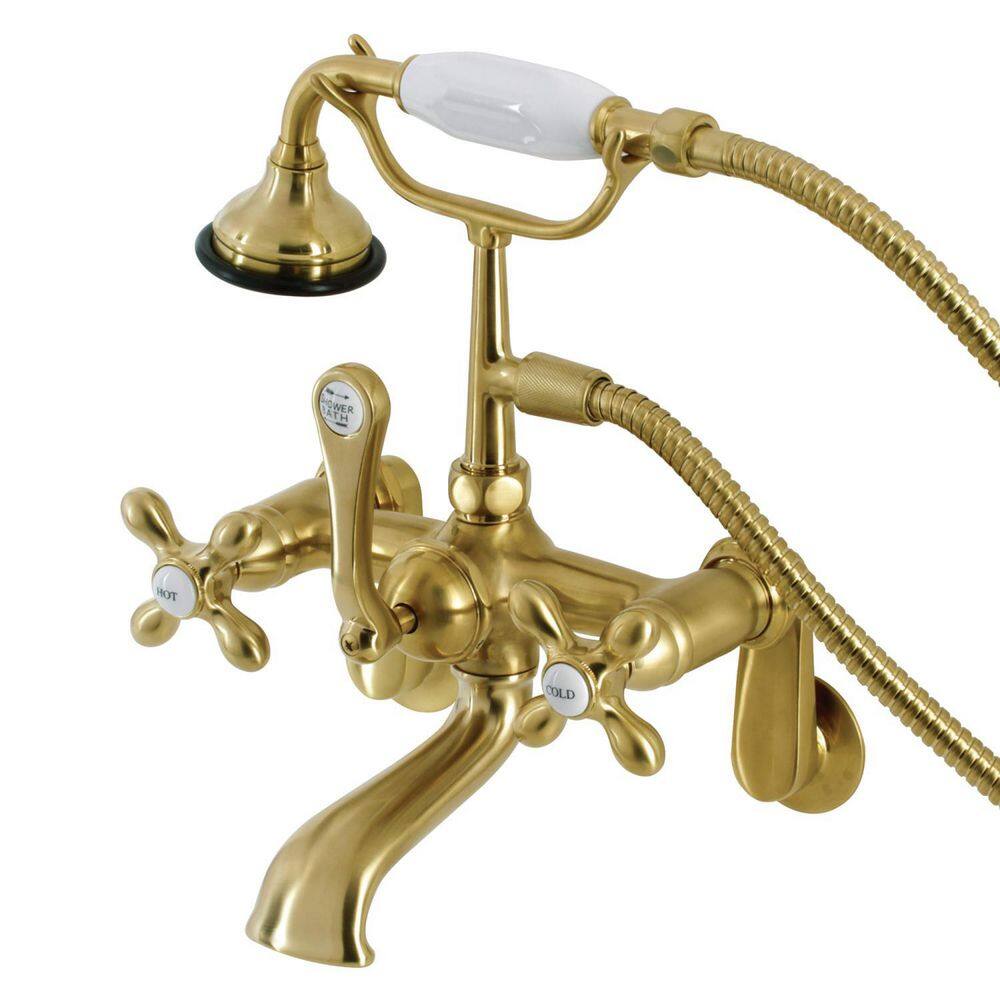 Kingston Brass Aqua Vintage 2-Handle Wall-Mount Clawfoot Tub Faucets with Hand Shower in Brushed Brass HAE57T7