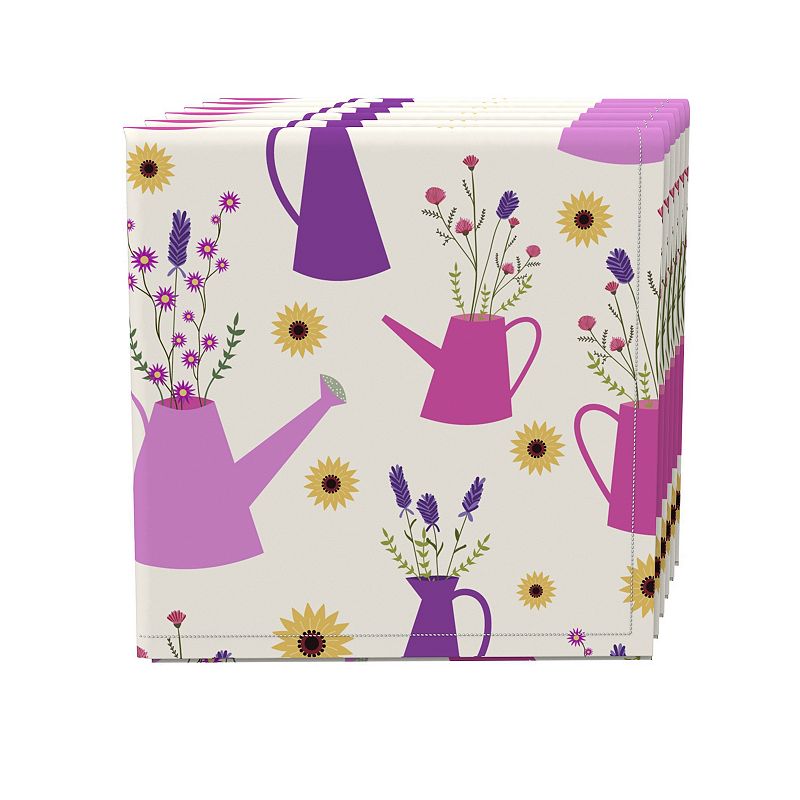 Napkin Set of 4， 100% Cotton， 20x20， Wild Flowers and Purple Watering Cans