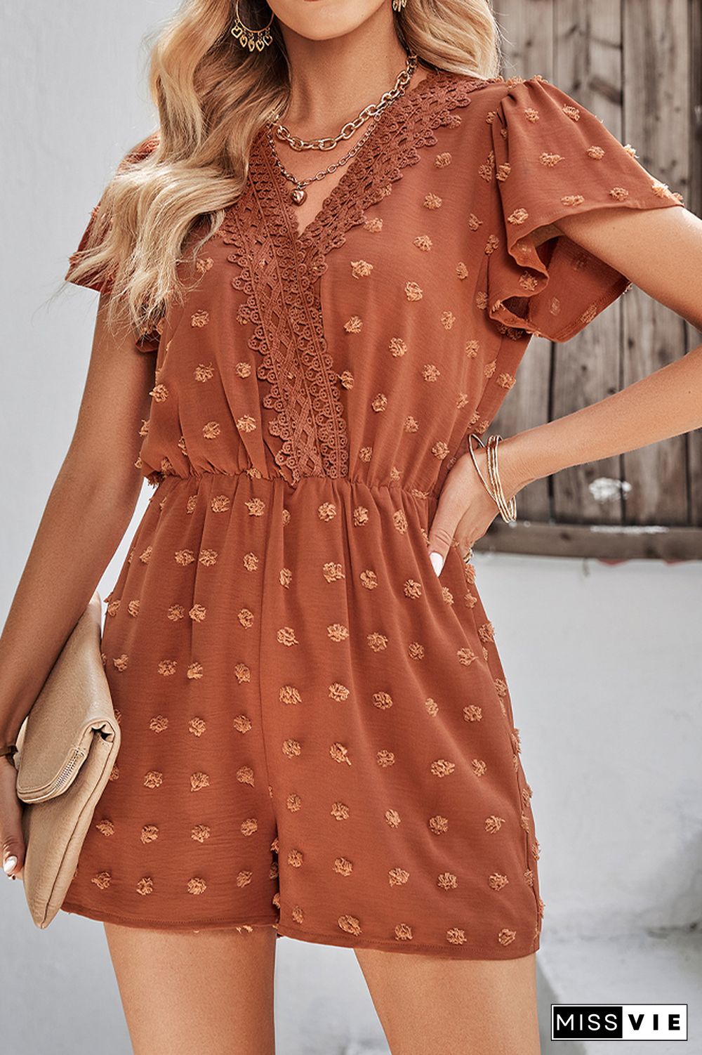 Texture Spot V Neck Crochet Lace Edge Rompers