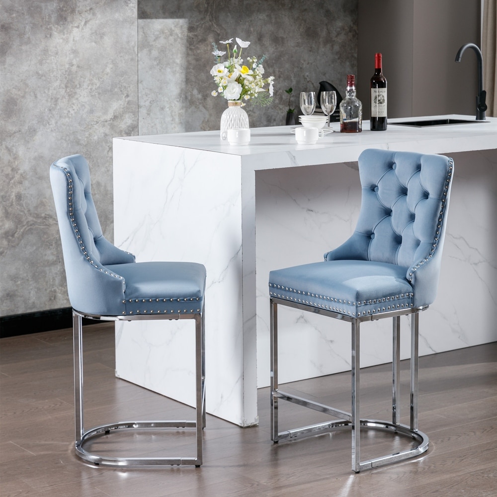 Velvet Bar Stools Counter Height Barstools Kitchen Island Chairs Modern Dining Chair with Nailhead Trim and Wing Back