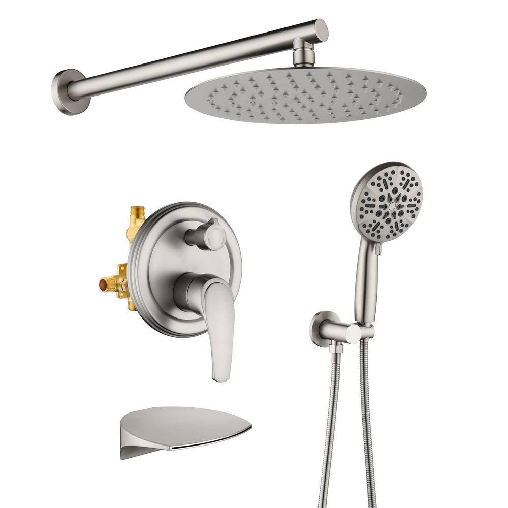 FLG Wall Mount Single-Handle 7-Spray Tub and Shower Faucet with 10 in. Rain Shower Head in Brushed Nickel (Valve Included) SS-0055-BN-10