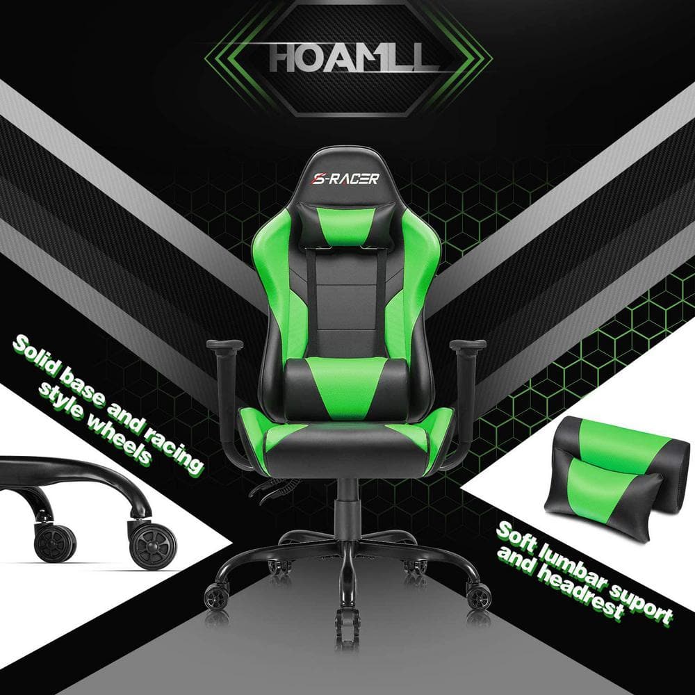 LACOO Gaming Chair High Back Racing Computer Chair PU Leather Adjustable Seat Height Swivel Chair with Headrest(Green) T-OCRC8S79