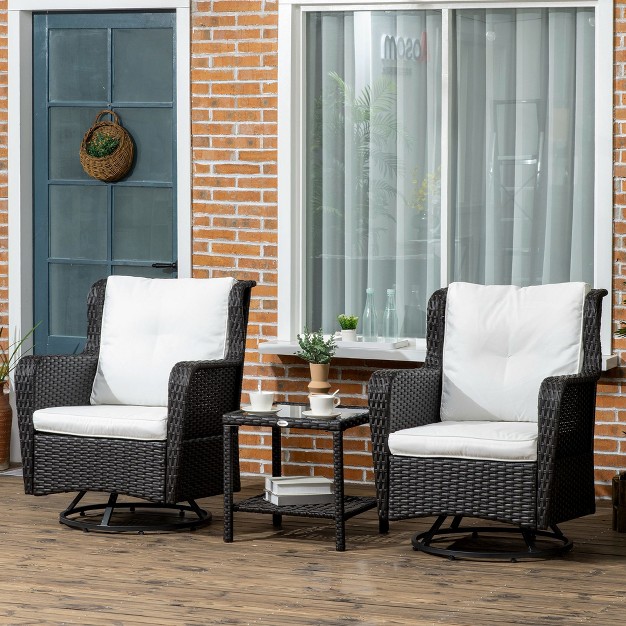 Outsunny 3 piece Patio Bistro Set Pe Rattan Wicker Outdoor Furniture Soft Cushions 2 360 Swivel Rocking Chairs 2 tier Coffee Table