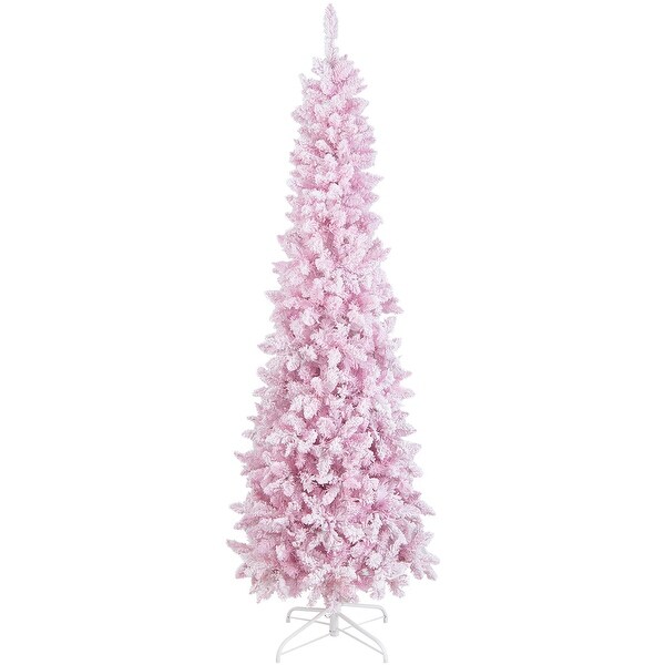 Costway 7FT PreLit Snow Flocked Hinged Pencil Christmas Tree w/ 300