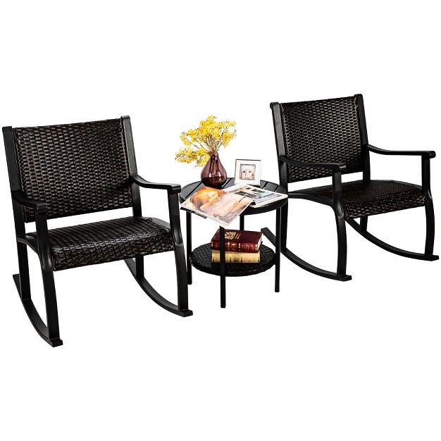 Costway 3pcs Patio Rattan Rocking Chair Bistro Set Coffee Table Storage Shelf