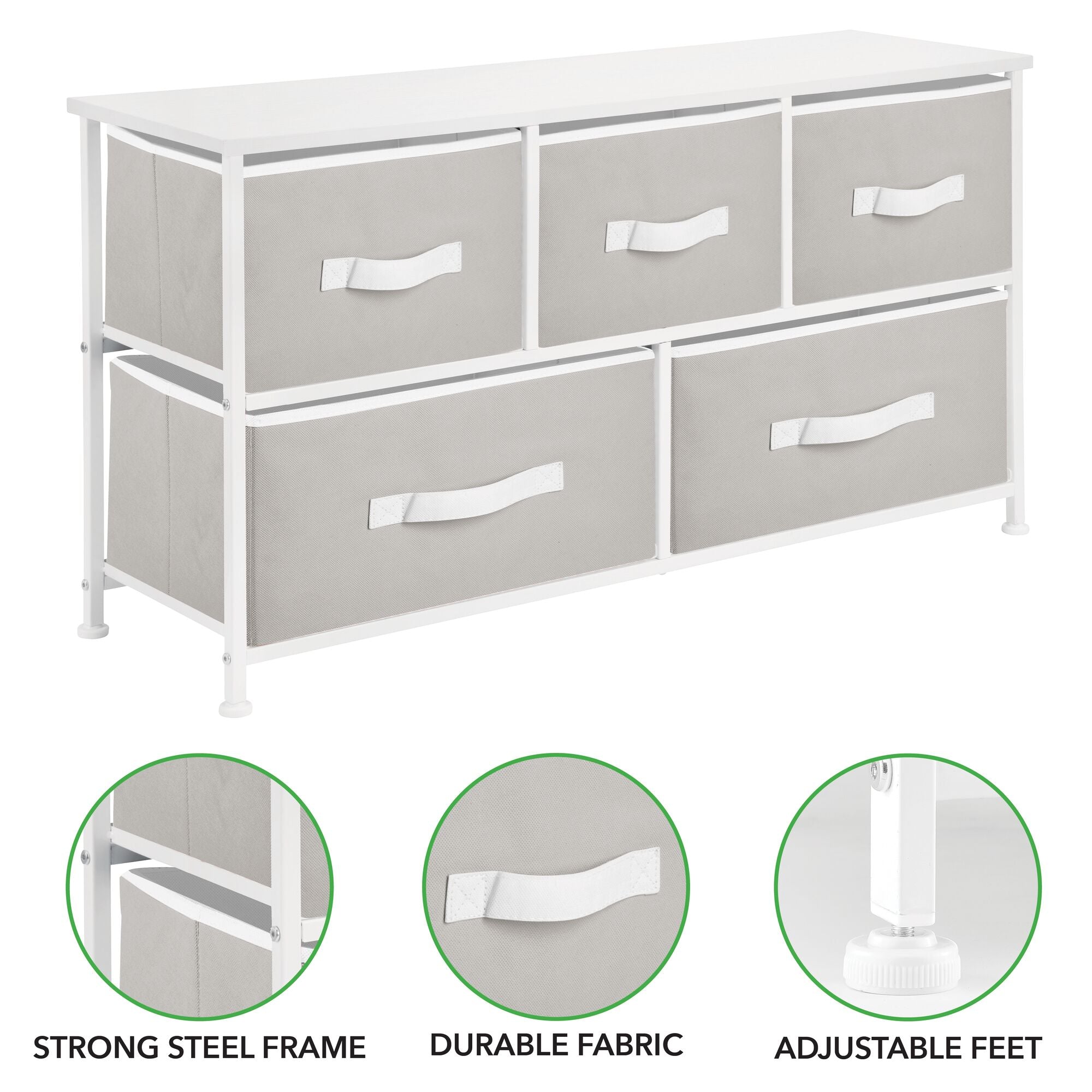 mDesign Wide Steel Frame/Wood Top Storage Dresser Furniture Unit with 5 Removable Fabric Drawers, Large Bureau Organizer for Bedroom, Living Room, Closet - Jane Collection, Stone Gray/White