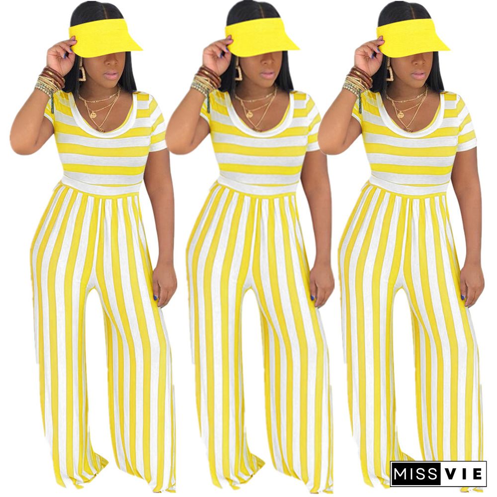 Striped Print Short Sleeve Wide Leg Jumpsuit