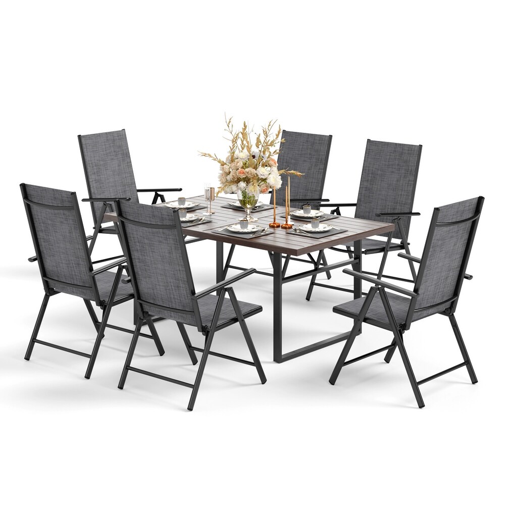 7 Piece Patio Dining Sets Matte Wood grain Table   Textilene Foldable Chairs