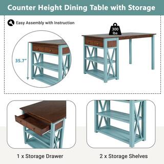 Harper  Bright Designs Rustic 4-Piece Rectangle Walnut and Blue Acacia MDF Top Table Set With 2-tools and Bench DT135AAD