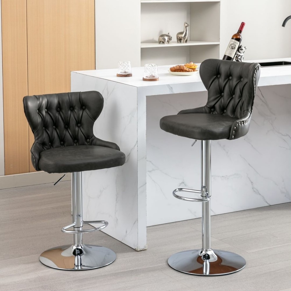 Barstool Set of 2 Dining Chair Swivel Silver Metal Base Footrest Cafe