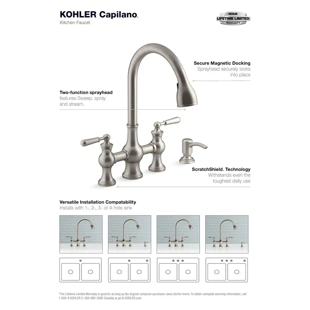 Kohler Capilano 2-Handle Bridge Farmhouse Pull-Down Kitchen Faucet With Soap Dispenser， Vibrant Stainless