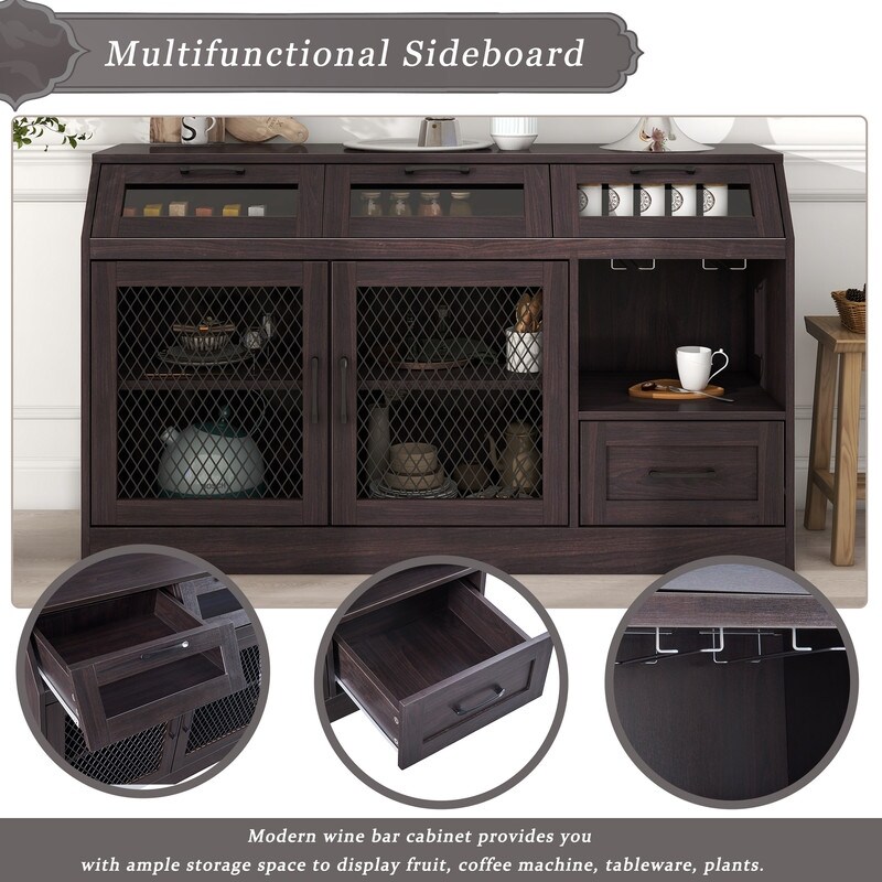 Kitchen Sideboard Multifunctional Buffet Cabinet with 4 Drawers  Wineglass Holders