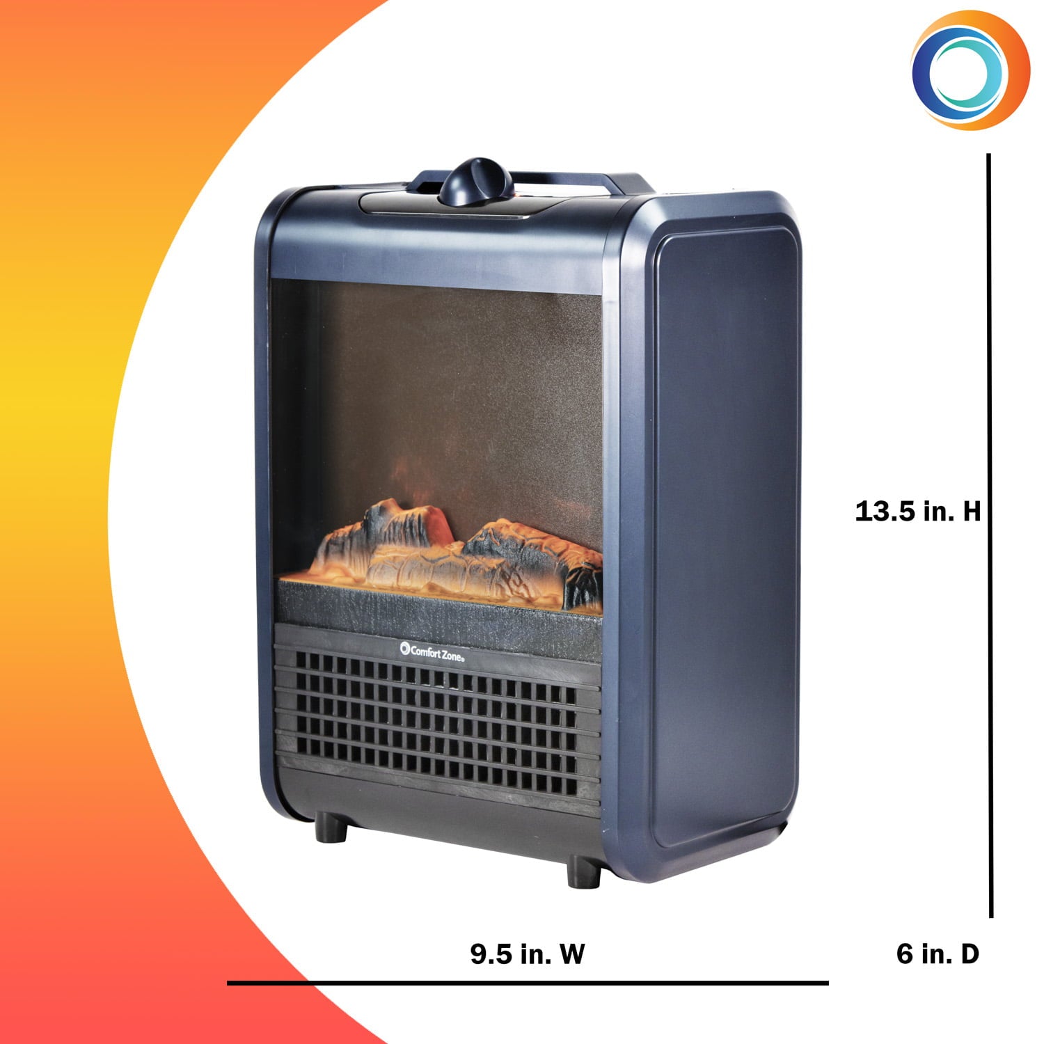 Comfort Zone 1200W Ceramic Portable Electric Table Top Fireplace Heater, Adjustable Thermostat, Simulated Flame, Matte Blue