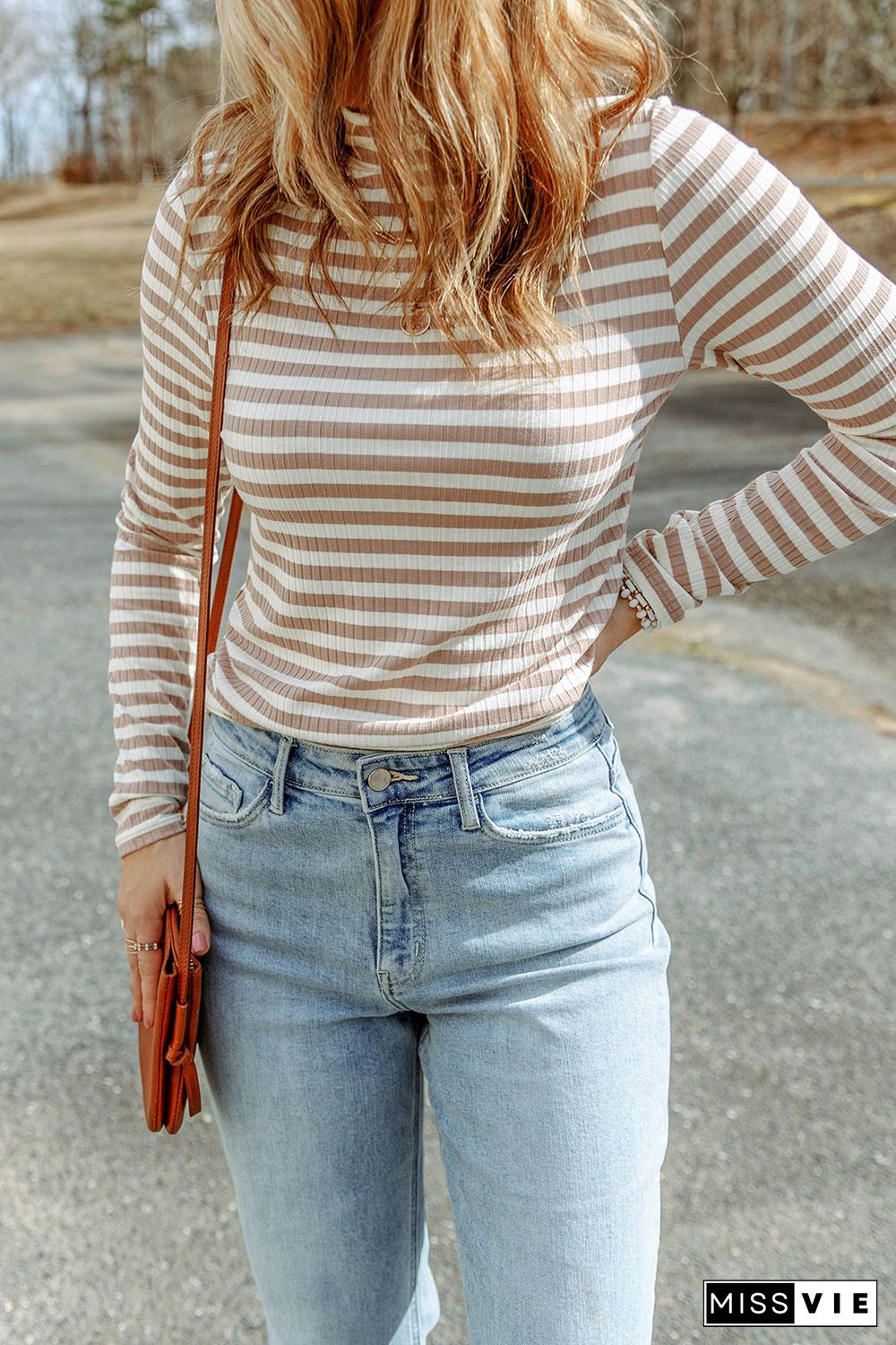 Striped Print Textured Knit Long Sleeve Tee