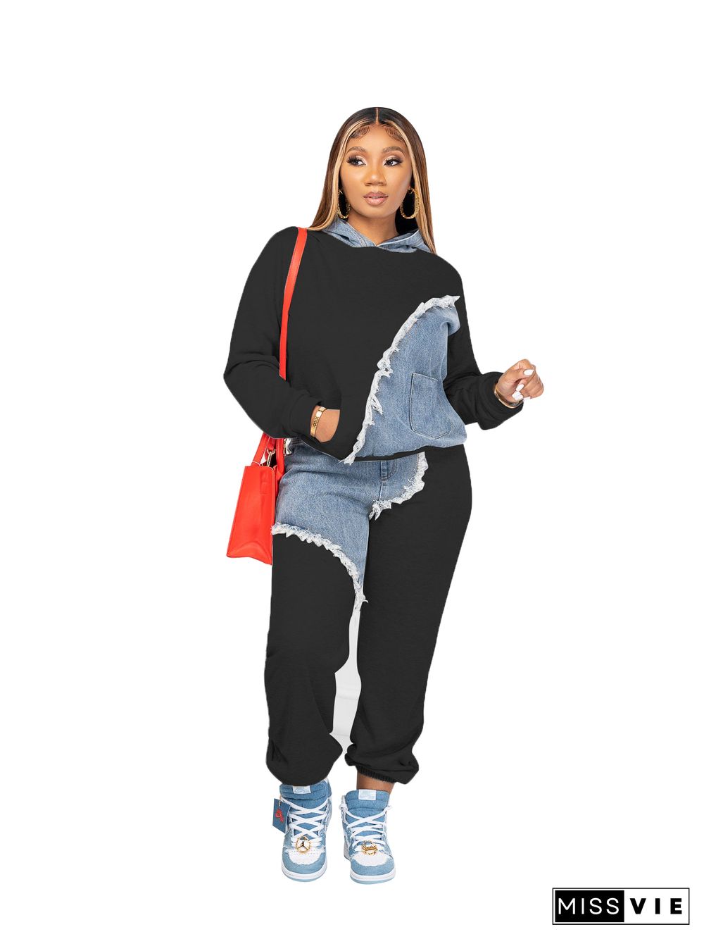 Denim Patchwork Loose Hooded Sweatshirt Pants Set