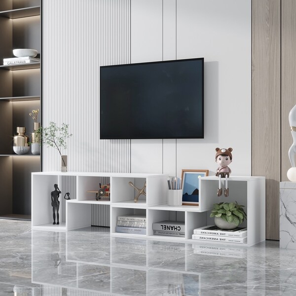 Abstract Double L-Shaped Low Floor TV Stand with Multi Display Storage，White