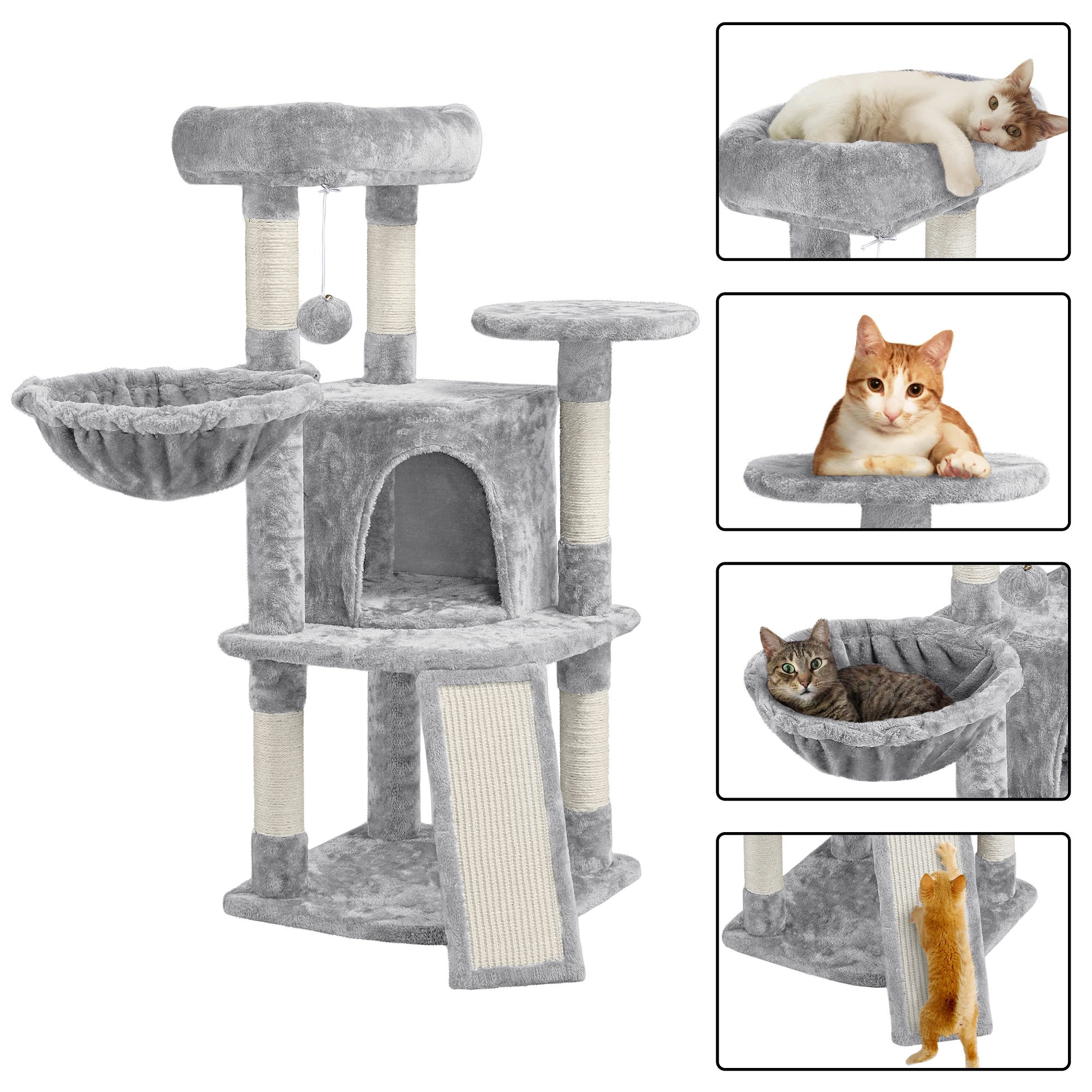 TOPEAKMART Light Gray Medium Plush Cat Tree Condo with Basket， 42