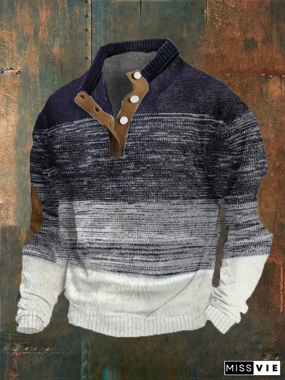 Men's Color Matching Print Button Stand Collar Sweatshirt