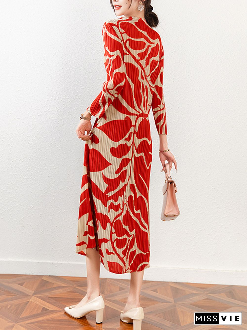 Fashion Floral Printed Pleated Long Sleeves Midi Dress