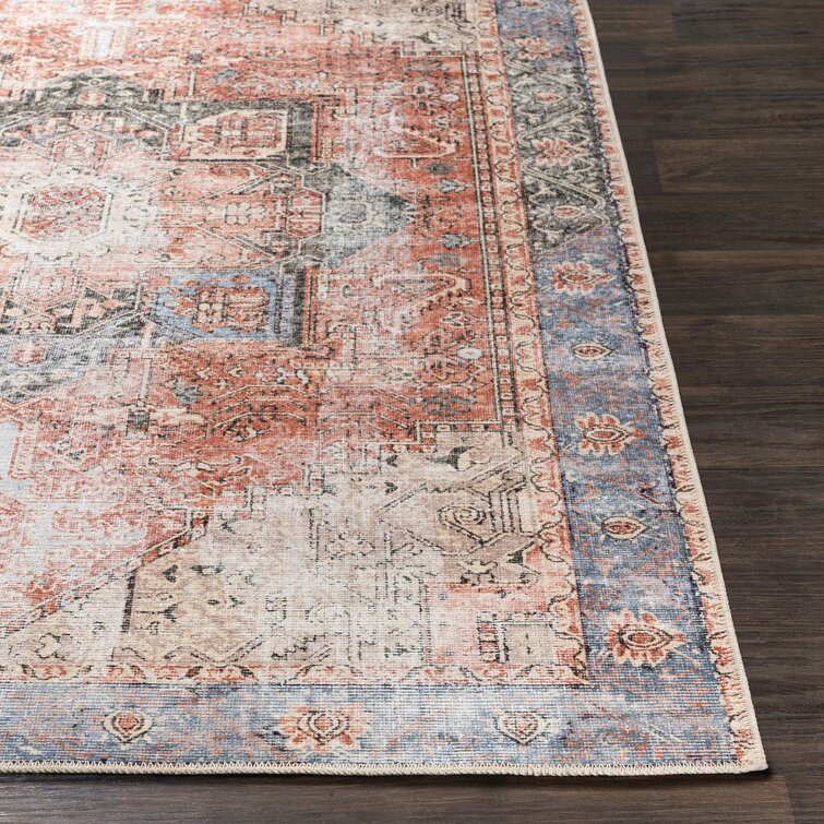 Mya Machine Washable Oriental Brick Red/Light Gray Area Rug