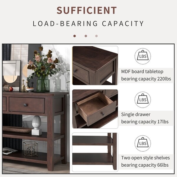 Retro Design Console Table with Two Open Shelves， Pine Solid Wood Frame and Legs for Living Room