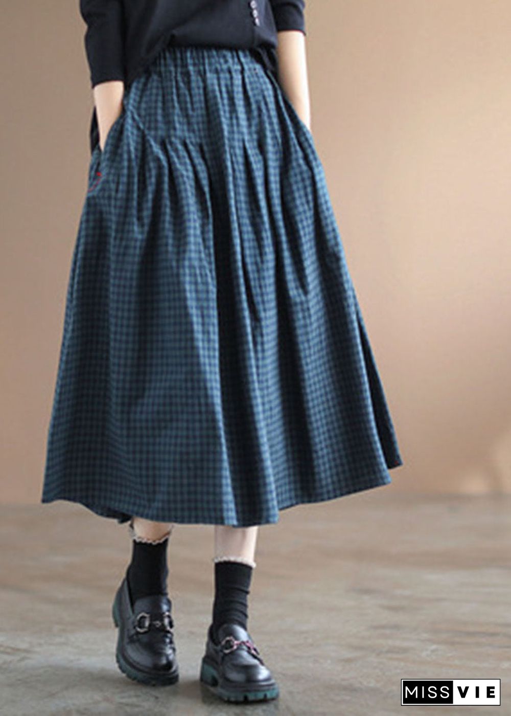 Handmade Blue Plaid Elastic Waist Pockets Fall Skirt