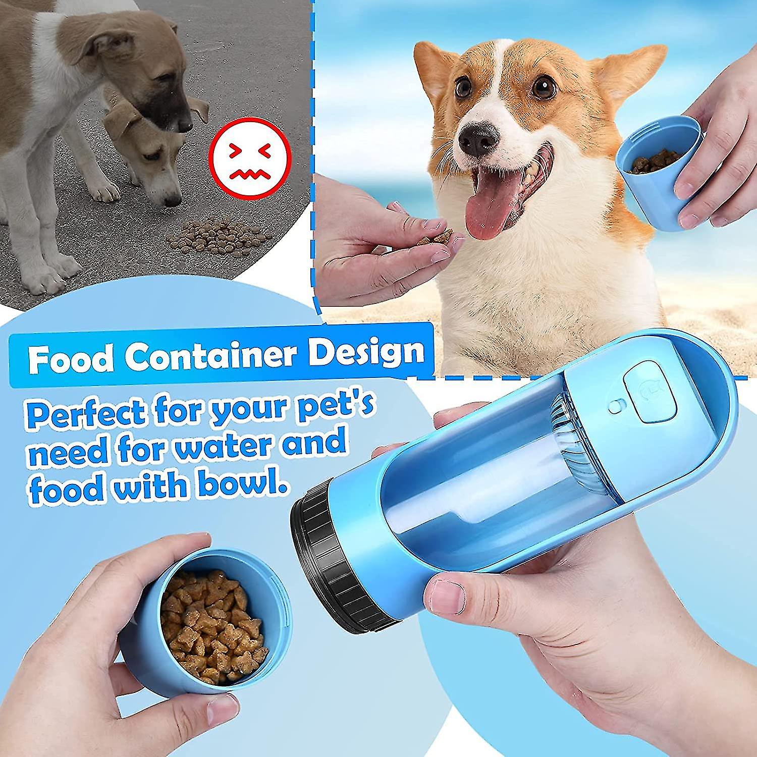 Dog Water Bottle， 300ml Portable Pet Water Bottle For Dogs Walking， With Multifunctional Food Bowl 130ml， Leak Proof Drinking Dispenser， Lightweight F