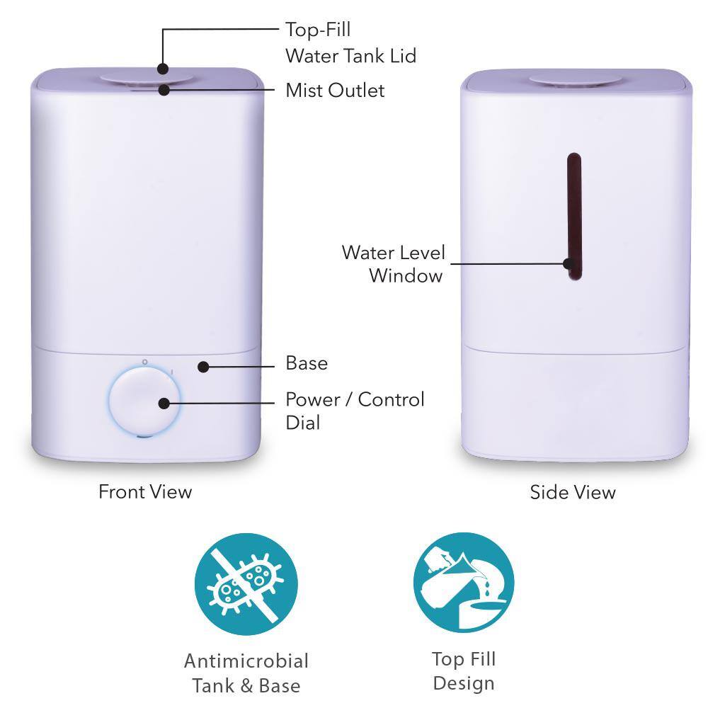 Air Innovations 1.2 Gal. Medium Cool Mist Ultrasonic Humidifier for Rooms HUMID61-WHITE