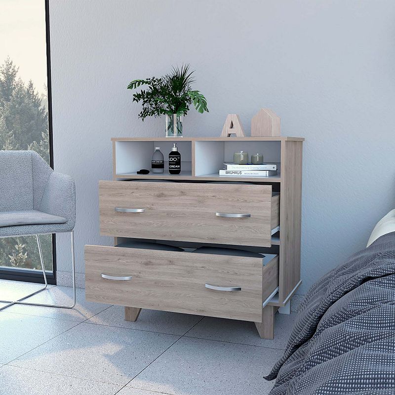 Portobelo Two Drawer Dresser， Two Shelves， Superior Top， Four Legs