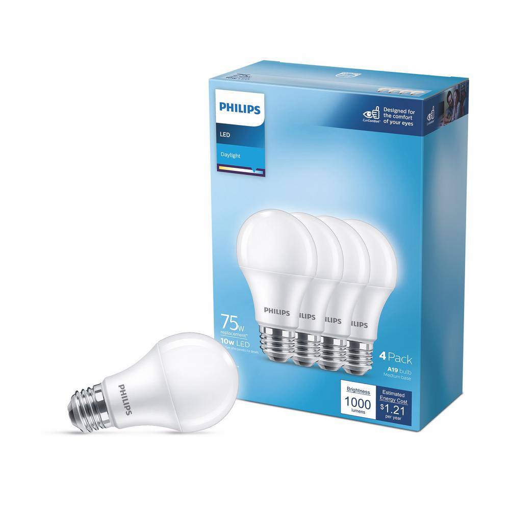 Philips 75-Watt Equivalent A19 Non-Dimmable E26 LED Light Bulb Daylight 5000K (4-Pack) 565390