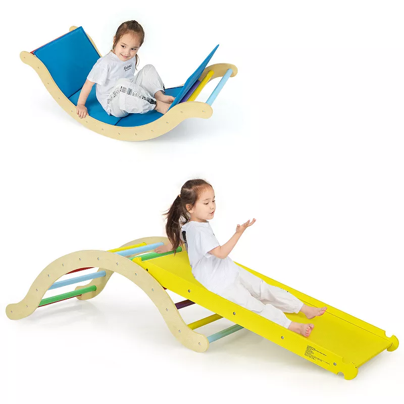 3-in-1 Kids Climber Set Wooden Arch Triangle Rocker With Ramp And Mat