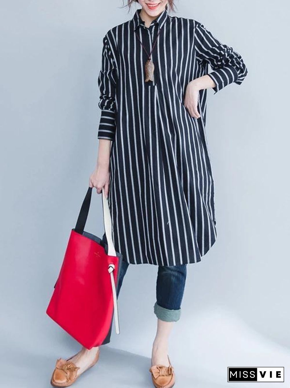 Italian black striped Cotton clothes lapel oversized shirt Dres