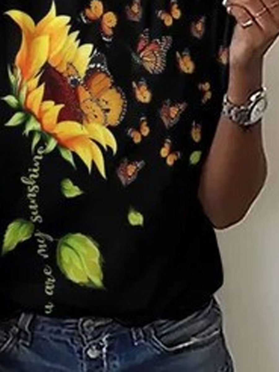 Round Neck Casual Loose Sunflower Print Short Sleeve T-shirt