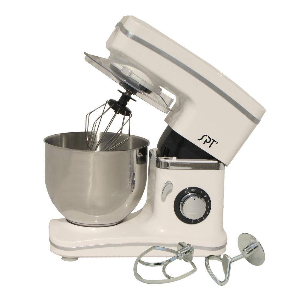 SPT 5.5 Qt 8-Speed Tilt Head White Stand Mixer with Whisk Kneading Hook and Mixer Blade Attachments MM-106W