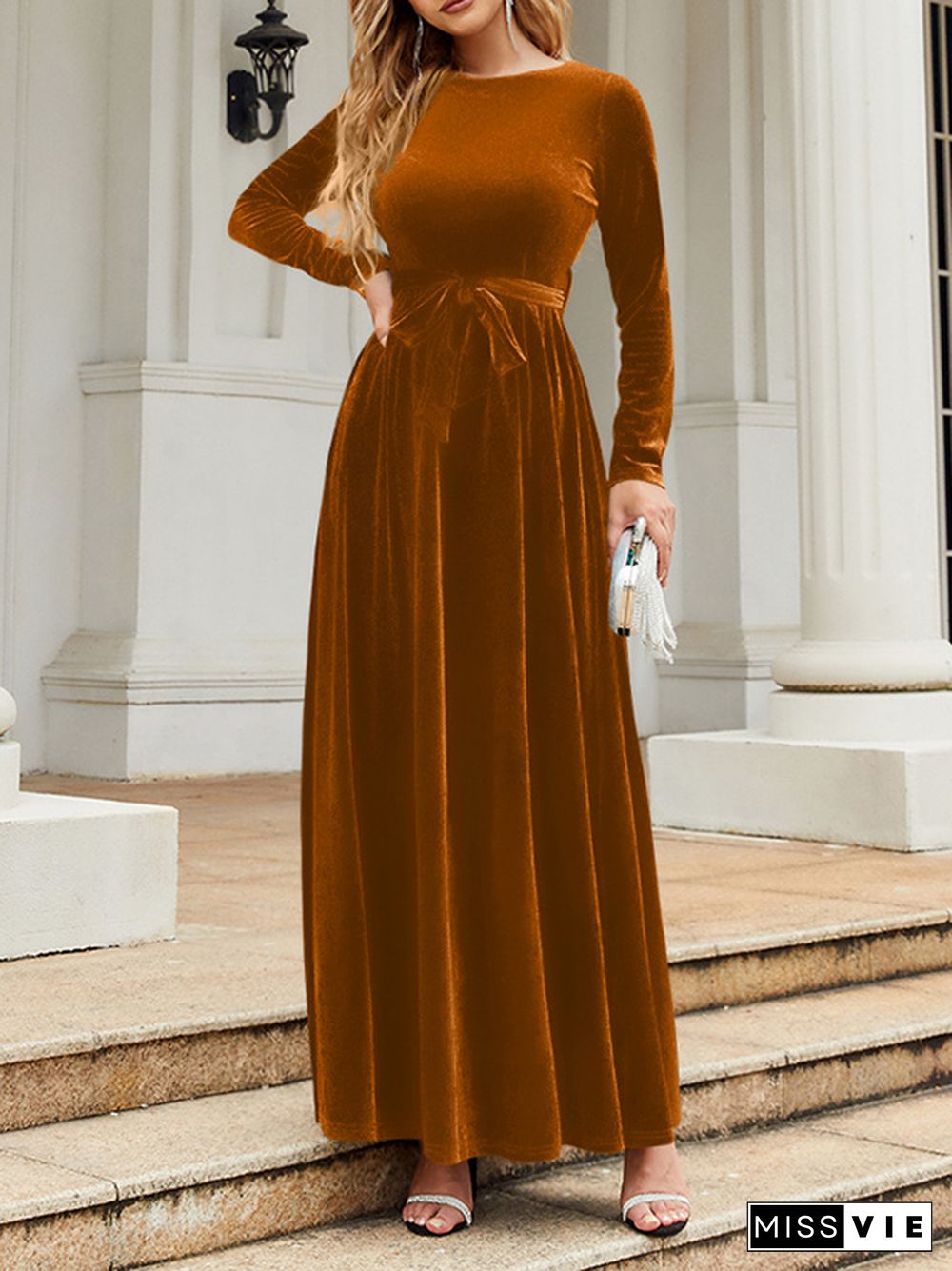 Long Sleeves Wrap Belted Pleated Solid Color Zipper Round-Neck Maxi Dresses