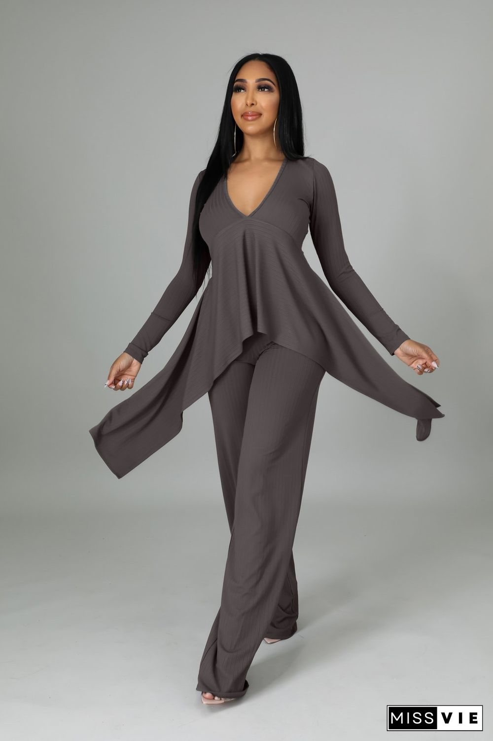 V Neck Irregular Top Straight-leg Pants Set