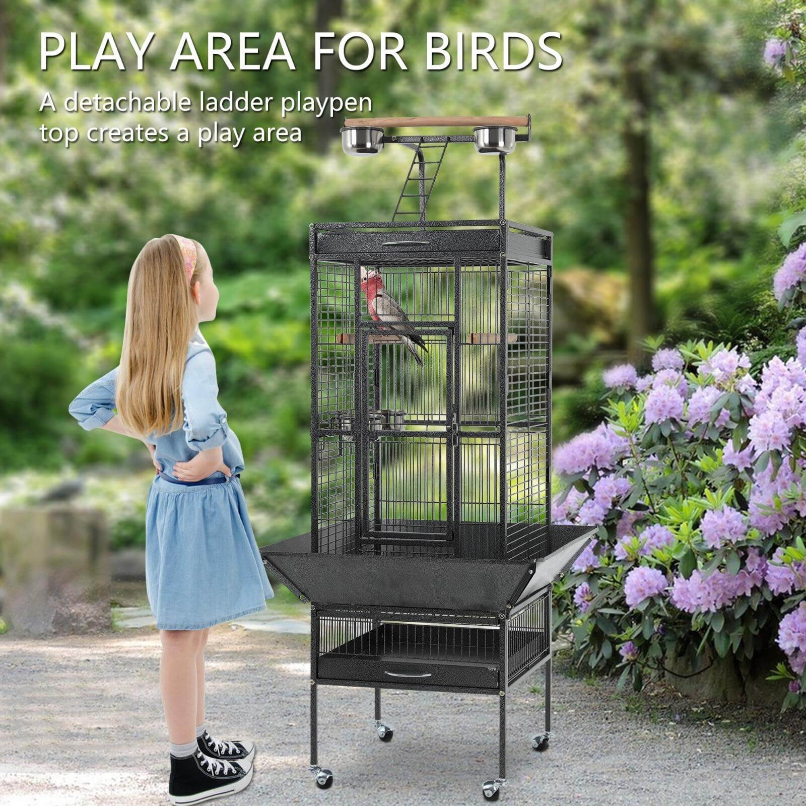 NiamVelo 61’’Large Iron Birdcage Wrought Parrot Cage with Play Top and Rolling Stand for Parakeets and Lovebirds，Black