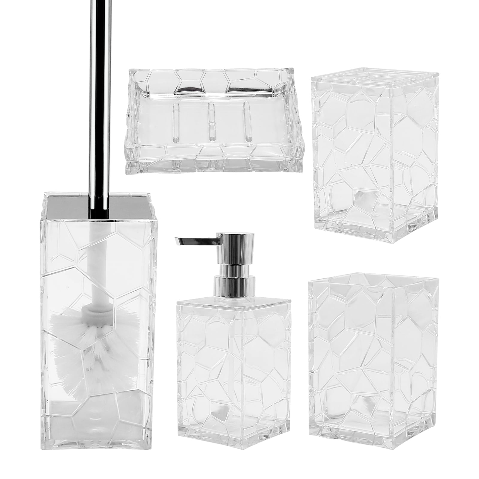 Acrylic Bathroom Accessories Set of 5， Bathroom Soap Dispenser Sets， Acrylic Toothbrush Holder Set，  Vanity Accessory Set with Dish Toilet Brush Set for Elegant Bathroom Restroom Decor and Gift， White