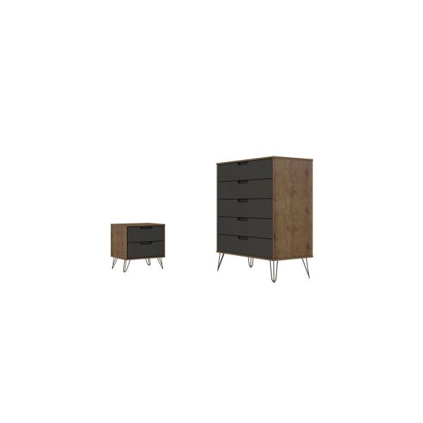 Rockefeller Tall 5- Dresser and 2-Drawer Nightstand in Nature and Textured Grey