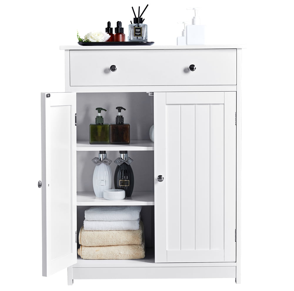 Yaheetech White Floor Cabinet/Cupboard with 2 Doors 1 Drawer Bathroom Kitchen Storage