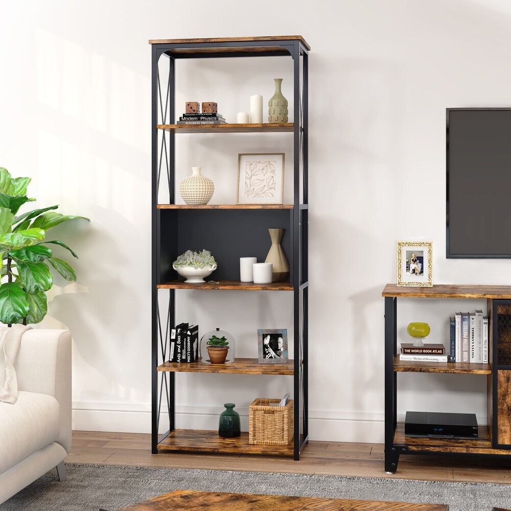 Industrial 5 Tier Bookcase Storage Organizer Free Standing Bookshelf   63 x 23 inches