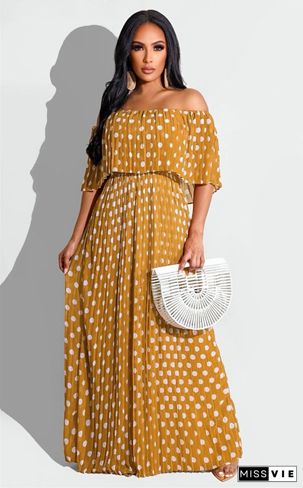 Bohemian Print Polka Dot Off Shoulder Maxi Dress